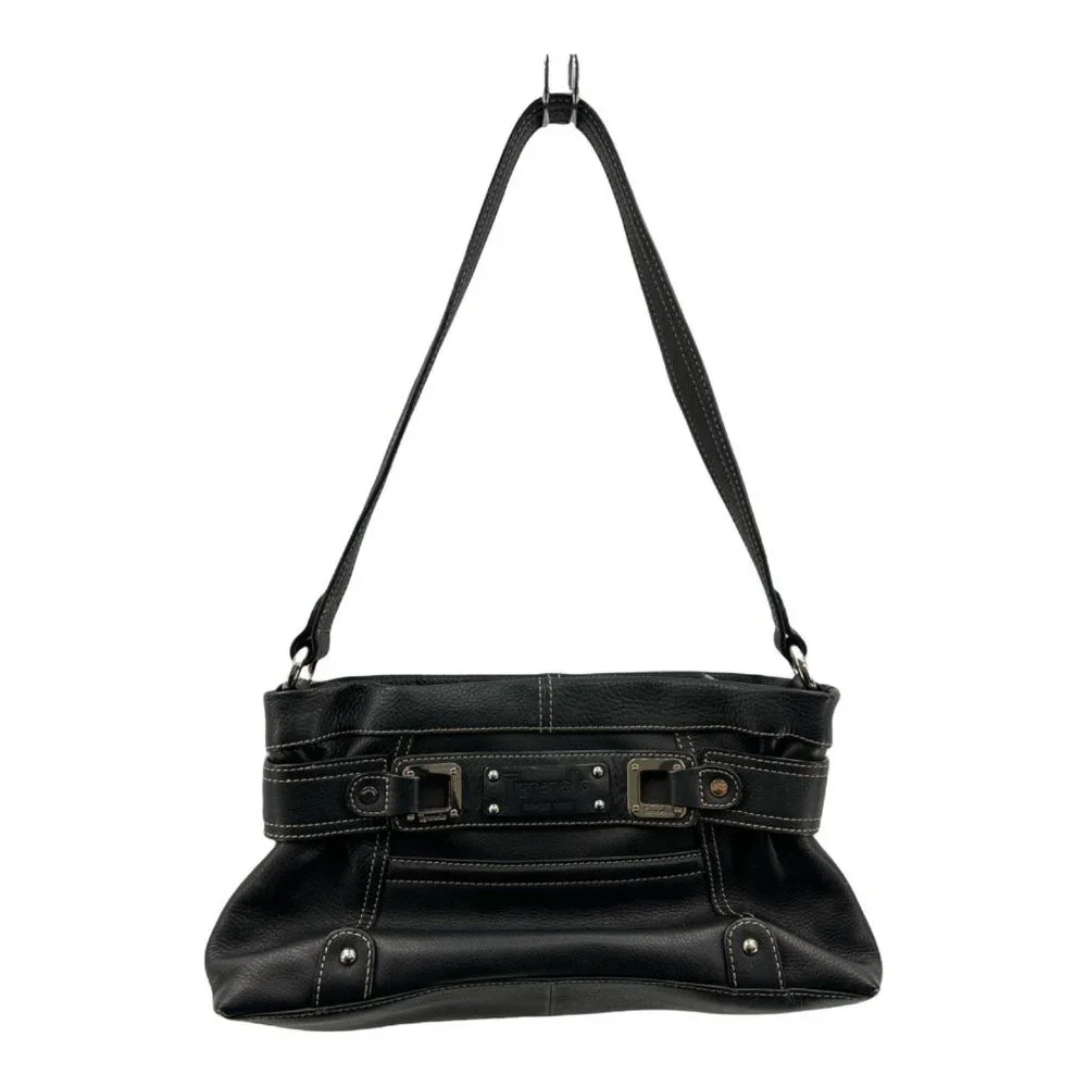 Tignanello Womens Shoulder‎ Bag Black Textured Zipper Pockets Sling M